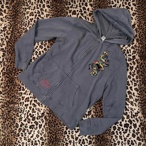ed hardy charcoal gray rhinestone zip up hoodie jacket